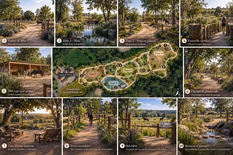 Overview of the Park project and its landscaped spaces for horses and visitors.
