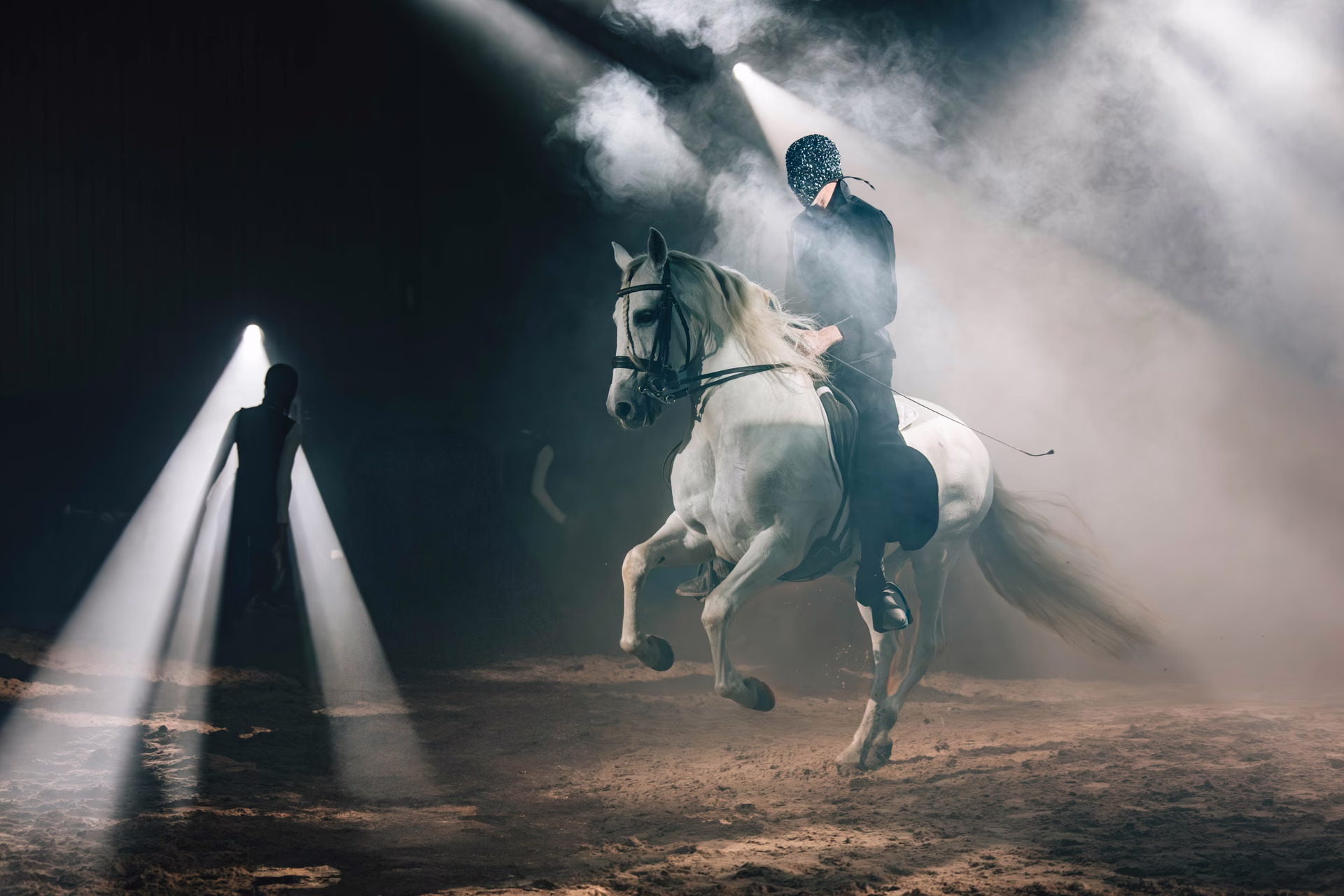 Nova : cheval blanc cabré avec un cavalier masqué, sous les projecteurs dans la brume.